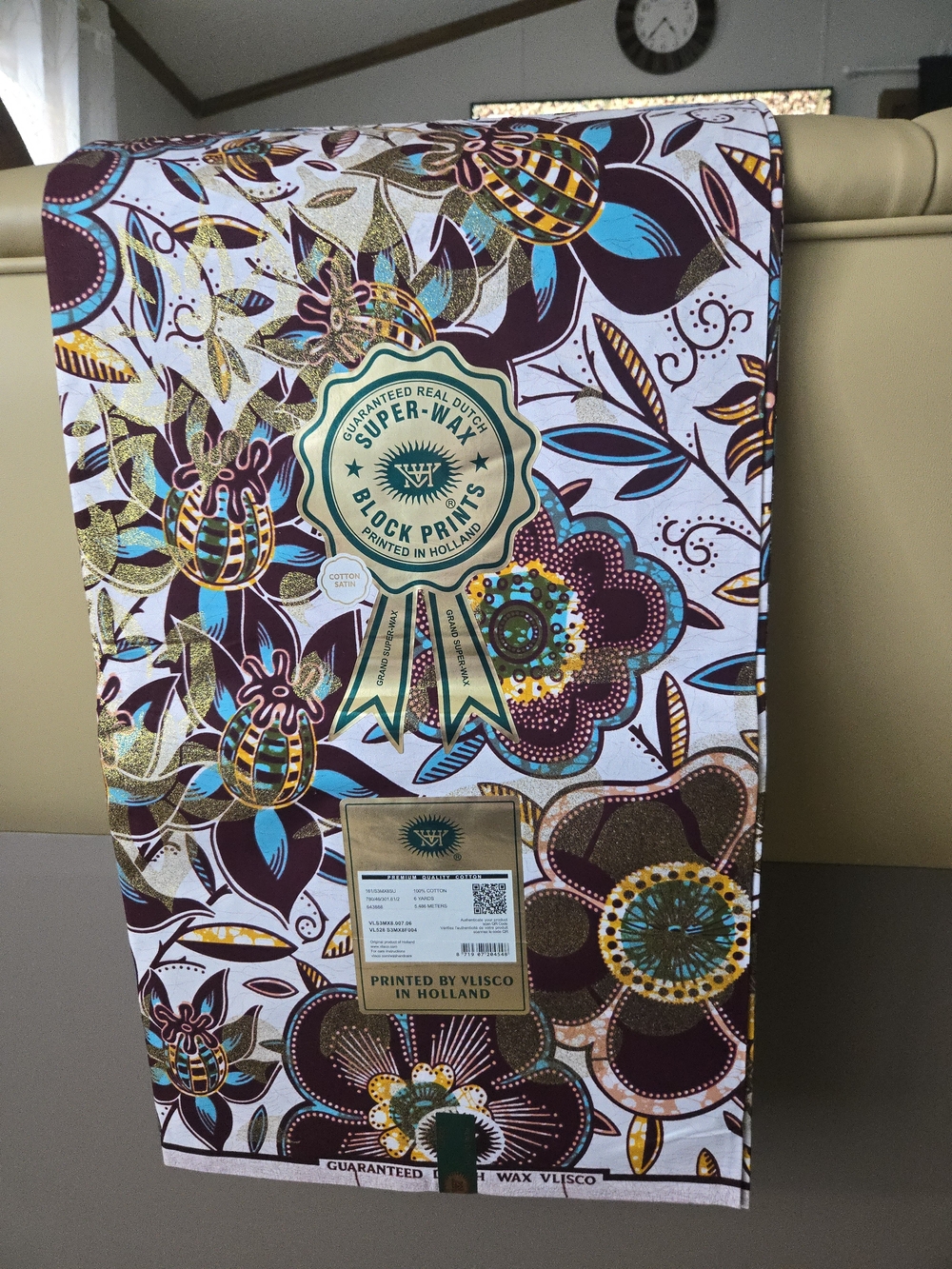 Super-Wax Floral Print Fabric - White, Turquoise, Brown